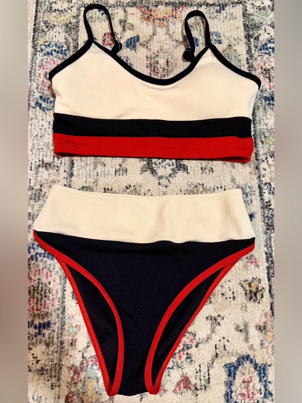 SHEIN Cream, White & Red Ribbed Colorblock Bikini Set